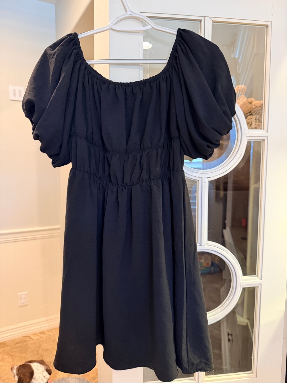 Black Puff-Sleeve Casual Dress with Smocked Waist